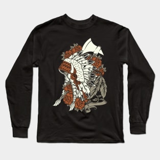 Retro Indian Head Dress With Roses And Feathers Long Sleeve T-Shirt